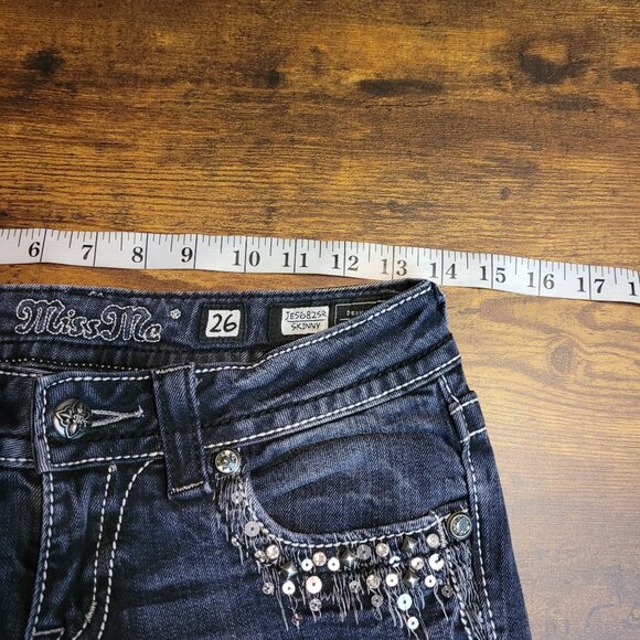 Miss Me Jeans Size 26 Low Rise Skinny Embellished Thick Stitch Western Black - Picture 6 of 11